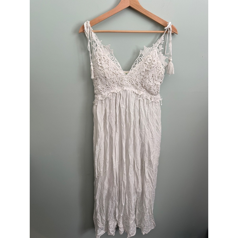Blue Buttercup White Crochet Lace Tassel Tie Midi Dress Smocked Back Boho